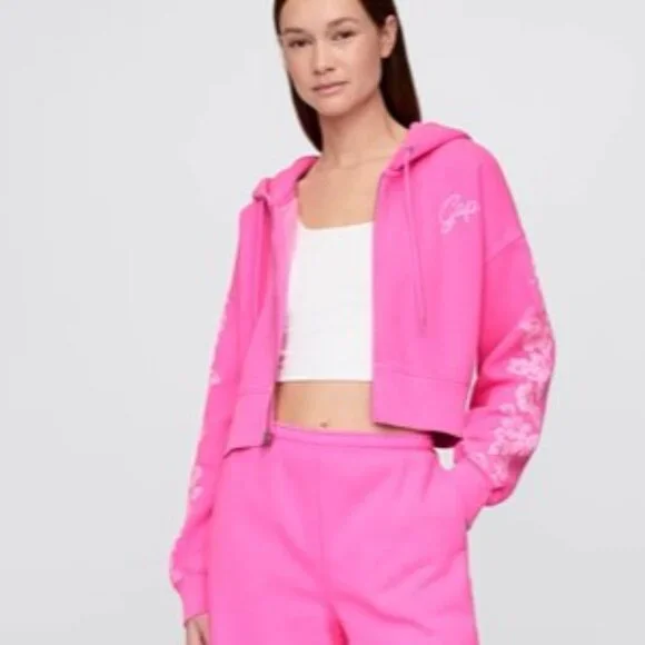 Gap Lilo & Stitch Adult VintageSoft Crop Zip Hoodie Bright Neon Pink S Small - Picture 5 of 9